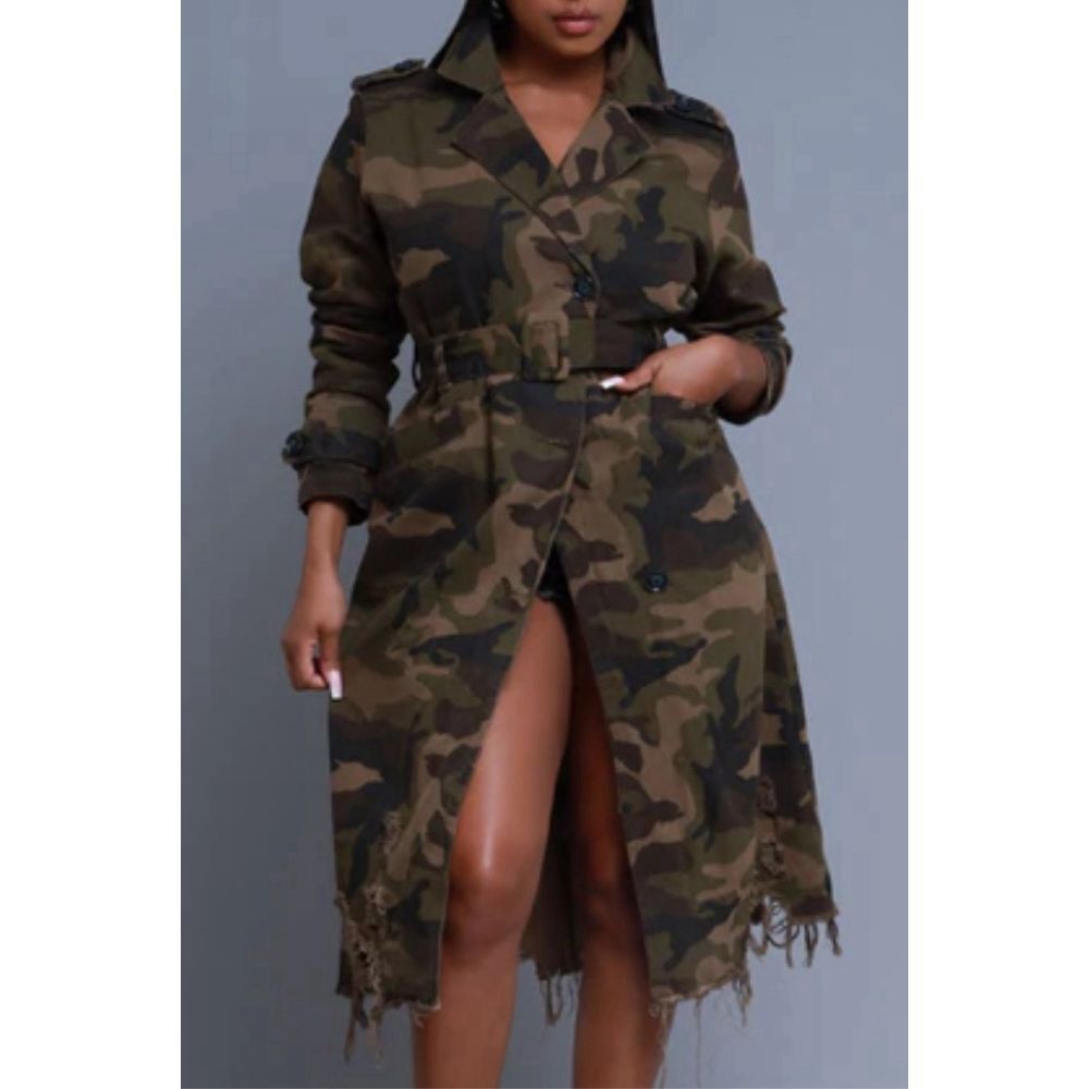 Women's Green Camo Distressed Army Fatigue Trench Long Jacket Overcoat with Belt